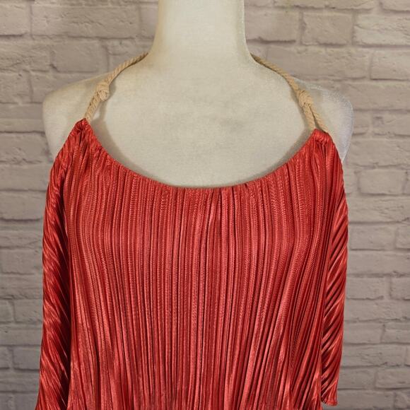 E Boston Proper Orange Plisse Pleated Halter Maxi Dress Womens Size L Rope Flowy - Picture 2 of 13